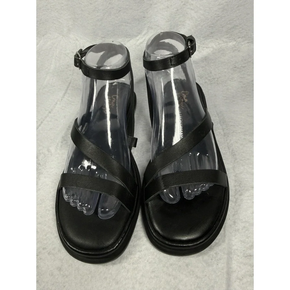 Crown Vintage Women's Elina's, Ankle Strap Black Leather Sandals, Size 6.5